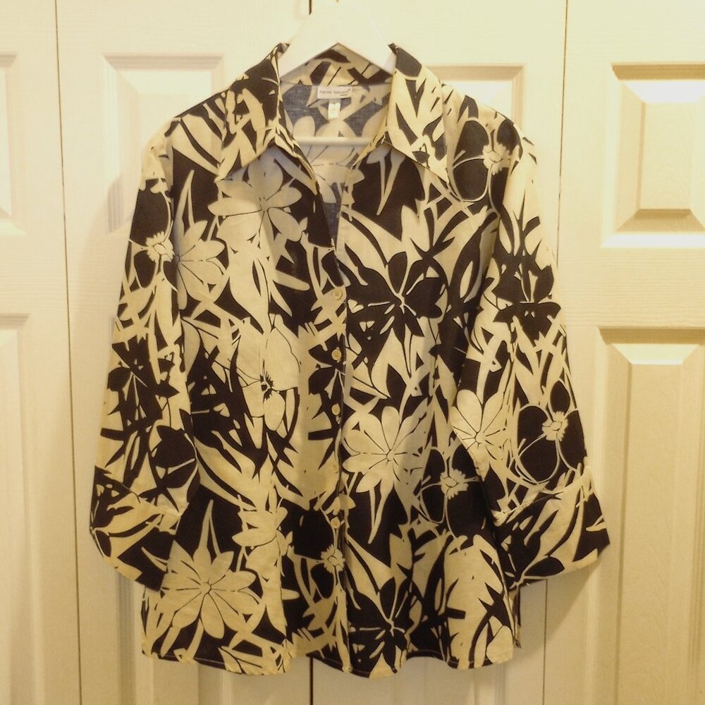 Womens sz 1X Linen Blend Button Front Blouse Black Beige Floral